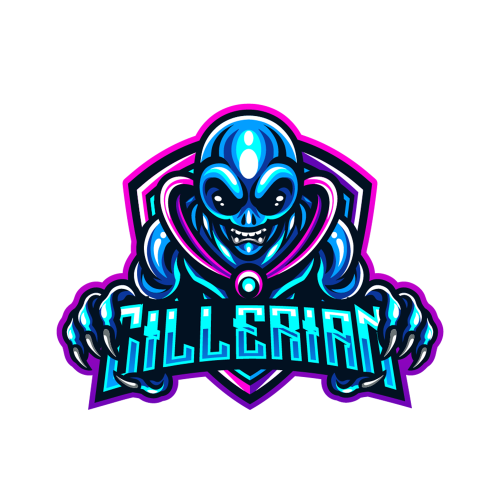 Cillerian – das blaue Alien-Maskottchen im violetten Schild