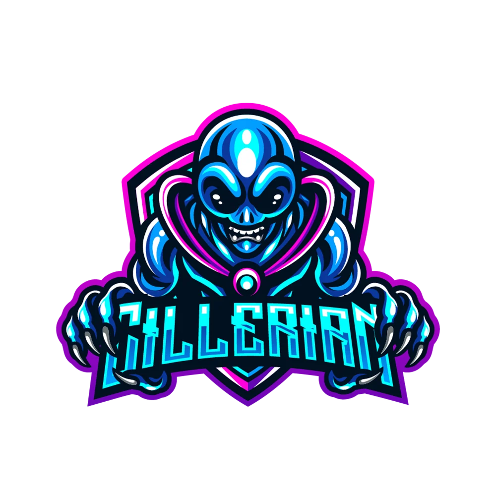Cillerian – das blaue Alien-Maskottchen im violetten Schild